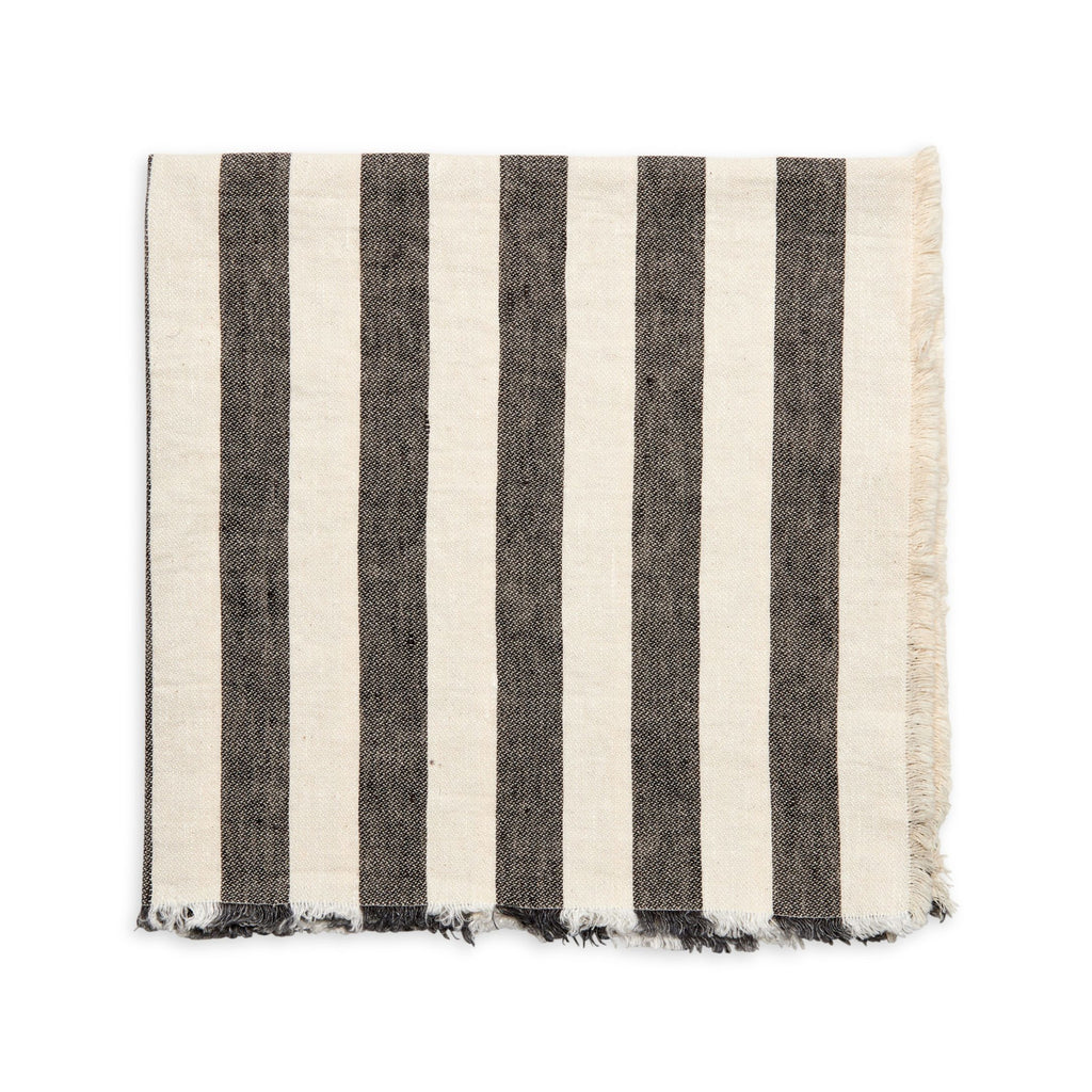 Deborah Rhodes linen blend napkin with gray awning stripes.