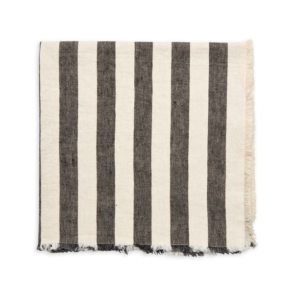Deborah Rhodes linen blend napkin with gray awning stripes.
