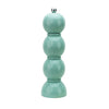 The Bobbin salt and pepper mill is shaped like three balls resting on top of each other. Made of Acacia wood and painted in fun colors and lacquered. This is a picture of a single mill in the color "aqua."
