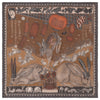 Decorative scarf with rabbit-themed design featuring lanterns and other elements on a brown background.