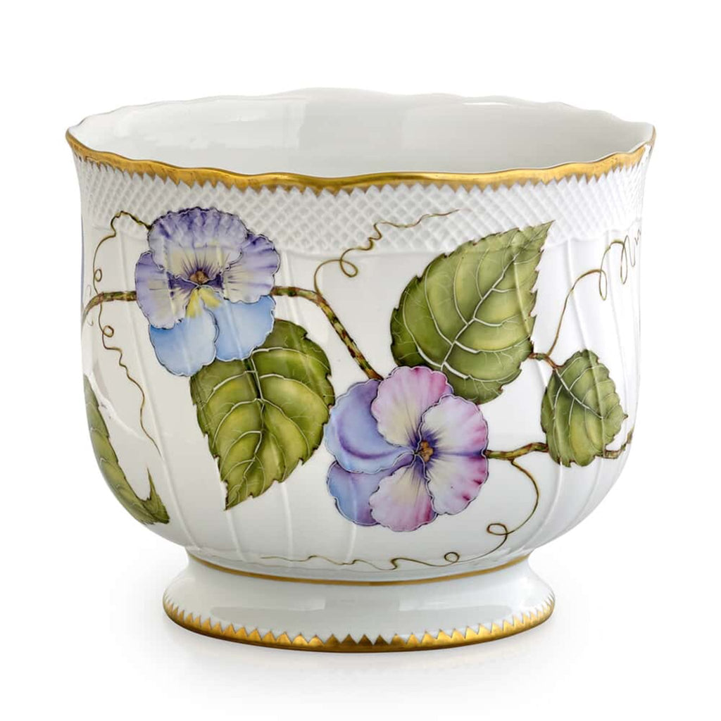 Anna Weatherley porcelain cachepot floral  design with pansies and gold rim. 