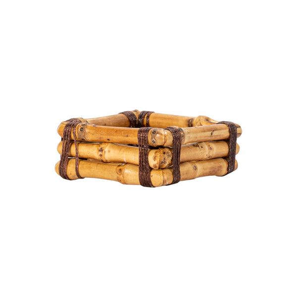 Side view of square, bamboo napkin ring, tied in corners with brown string, on white background.