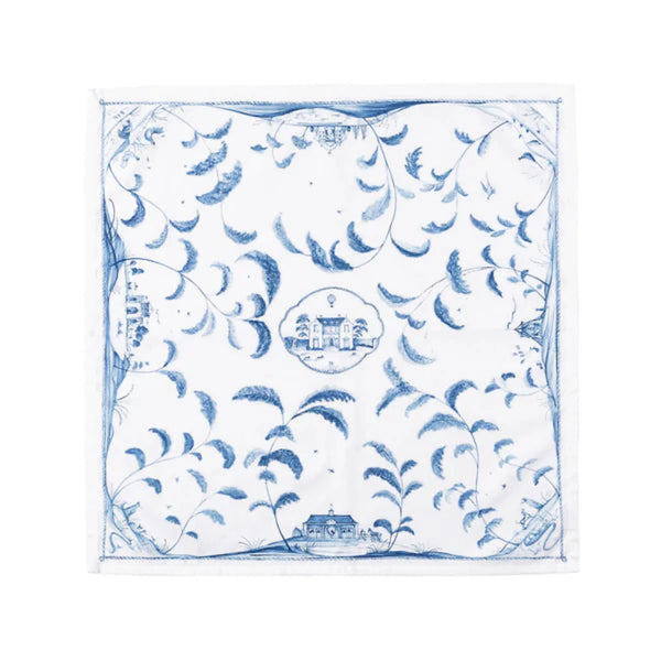 Blue and white square napkin on a white background. 