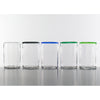 Five clear Lindean Mill short optic tumblers. with colored rims. One each in clear, black, blue, green and light green.