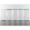 Three clear Lindean Mill tall optic tumblers. with colored rims. One each in blue, green and light green.