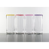 Four clear Lindean Mill Tall optic tumblers. with colored rims. One each in yellow, red, pink and violet.