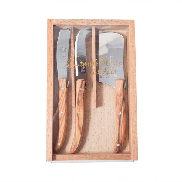 Olivewood handles set of three cheese knives in wooden box on a white background.