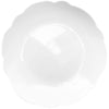 White, scalloped, melamine salad plate on white background.