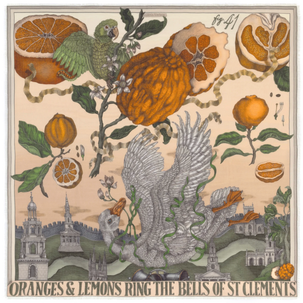 Sabina Savage Oranges and Lemons scarf with swan and fruits.