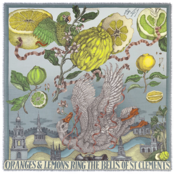 Sabina Savage oranges and lemons scarf with swan and fruits.