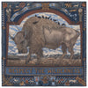 Decorative scarf with a bison and text about respecting the wilderness, framed by nature-themed elements.