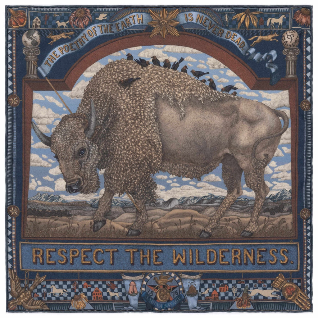 Decorative scarf with a bison and text about respecting the wilderness, framed by nature-themed elements.