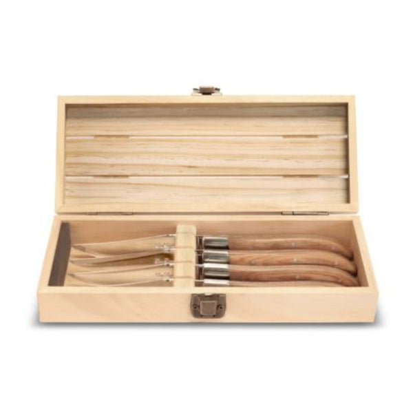 Wooden box of four steak knives with wooden handle on white background.