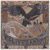 Decorative scarf with an eagle, skeleton, and 'Deliverance' text on a brown background