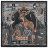Decorative scarf with a deer and bird design on a dark background