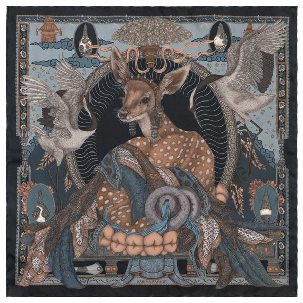 Decorative scarf with a deer and bird design on a dark background