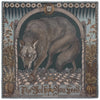 Decorative scarf with a wolf design and text 'The Wolf You Feed' on a checkered floor.