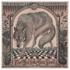 Decorative scarf with a wolf design and checkered floor pattern, framed by nature elements.
