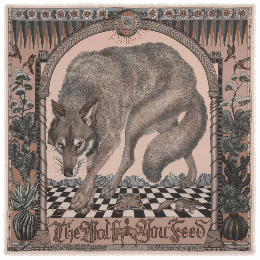 Decorative scarf with a wolf design and checkered floor pattern, framed by nature elements.