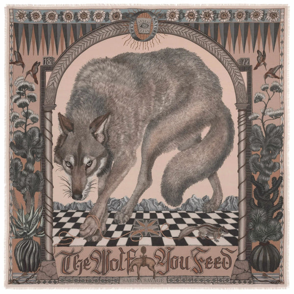 Decorative scarf with a wolf design and checkered floor pattern, framed by nature elements.