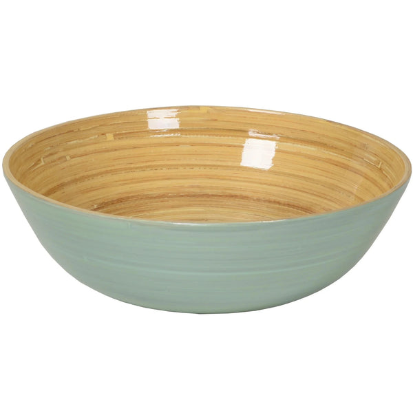 Bamboo bowl with light blue shiny finish on white background.