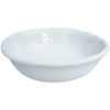 Beaded white melamine cereal bowl on white background.