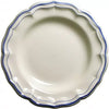 Ceramic platter with scalloped edge and blue rim on a white background