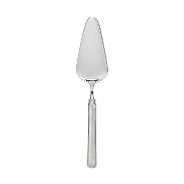 Pewter and stainless cake server on white background.