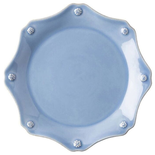 Scalloped, blue berry and thread salad and dessert plate on white background.