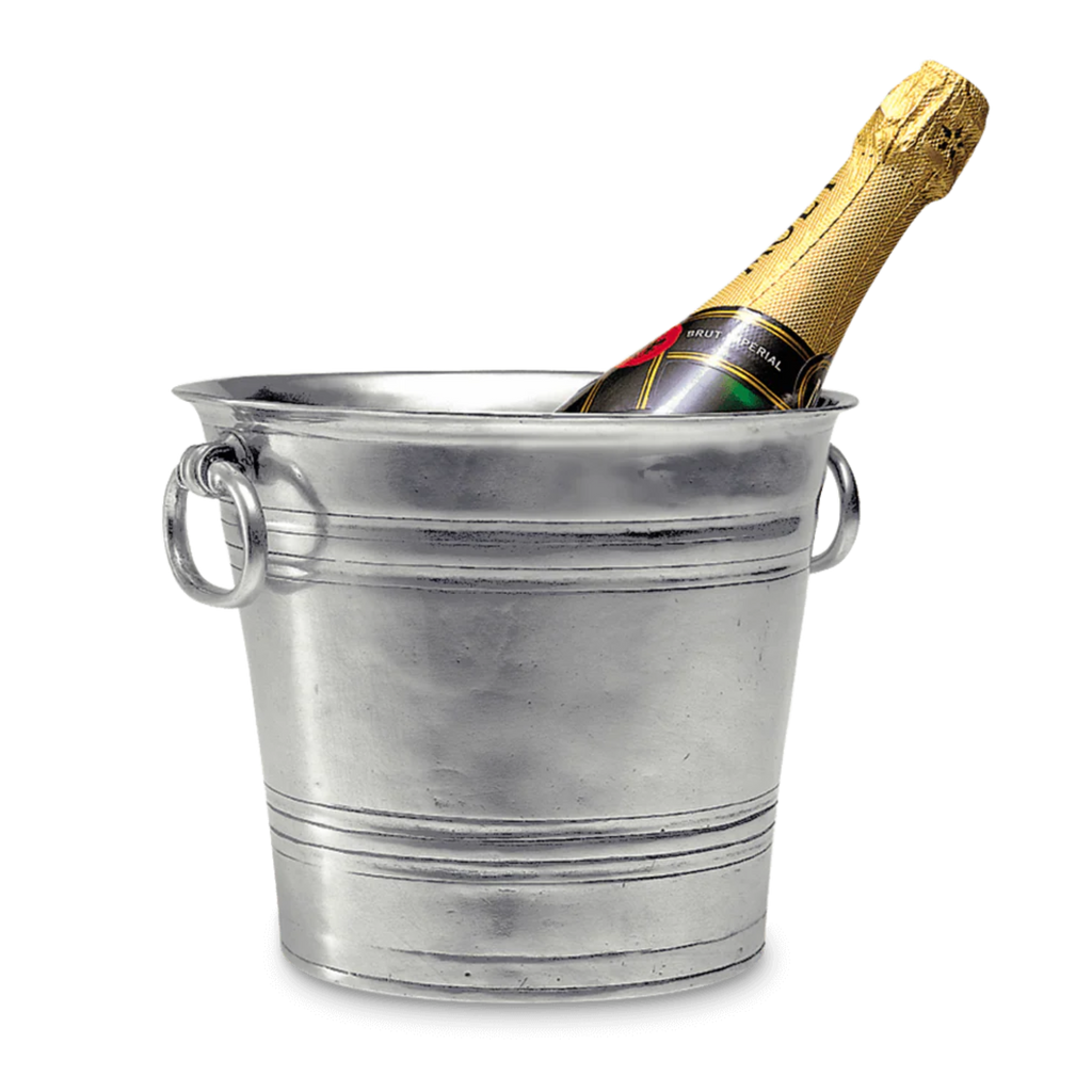 Pewter champagne bucket with champagne bottle on white background. 
