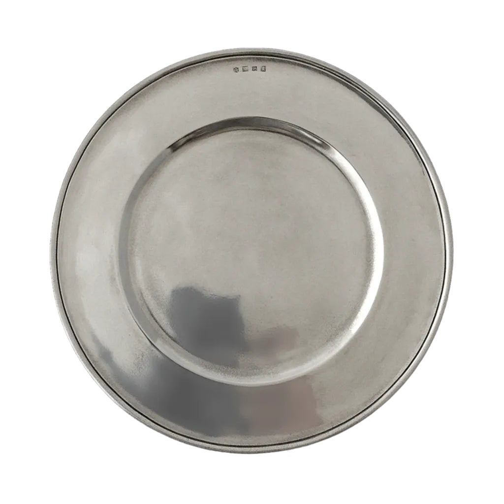 Pewter charger on a white background