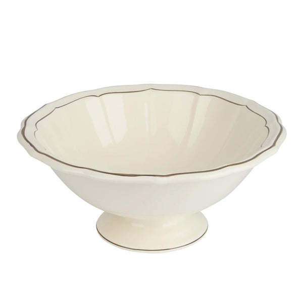 Cream ceramic bowl with taupe hand painted border on a white background
