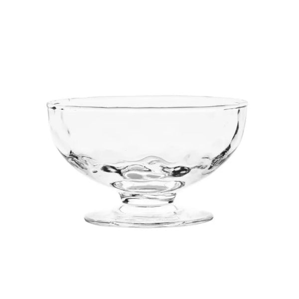 Clear, footed bowl with dappled glass on a white background.