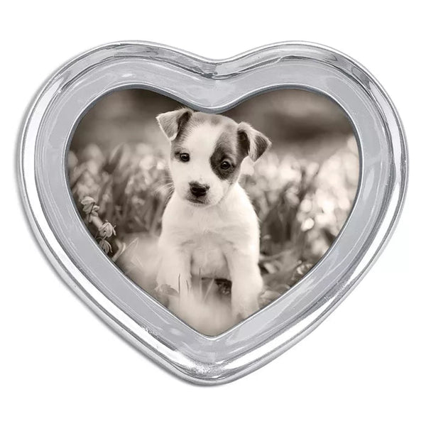 Aluminum heart frame with image of dog on white background.