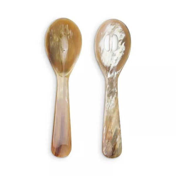 Pair of natural horn salad servers on a white background. 