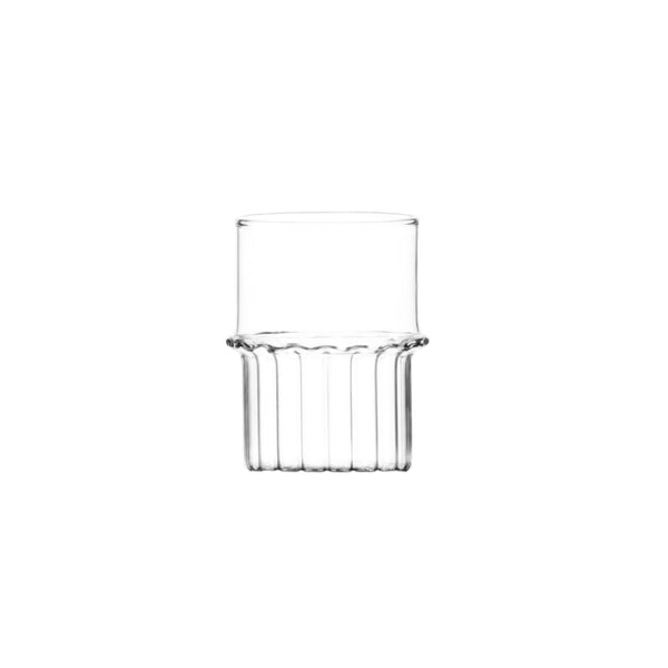 Clear glass made for stacking on white background.