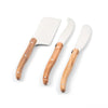 Olivewood handles set of three cheese knives on a white background.