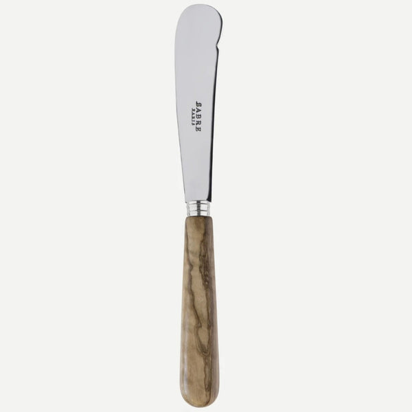Stainless steel butter knife with olive wood handle on white background.