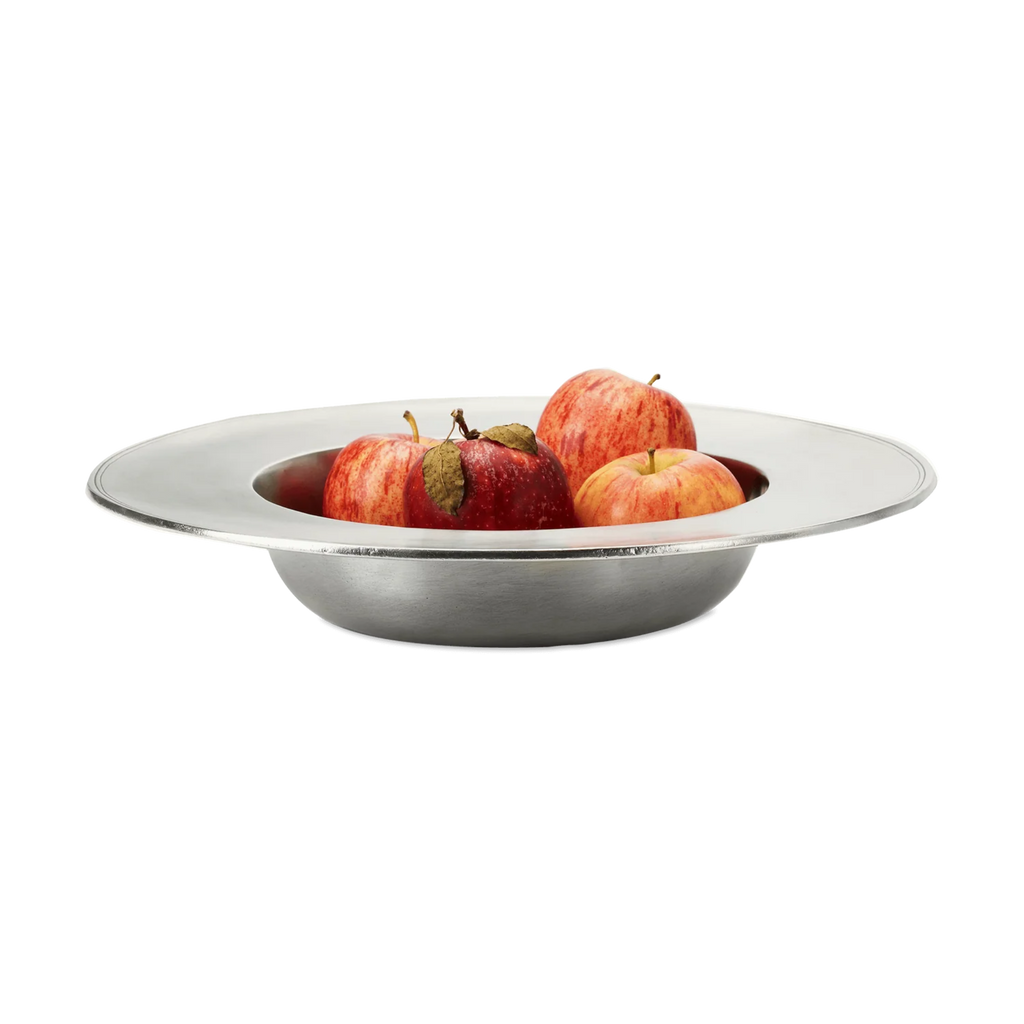 Match pewter Leonardo bowl with apples on a white background.
