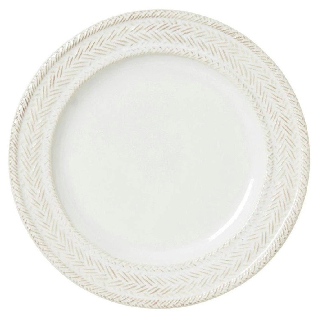Le Panier pattern white salad plate on white background.