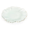 Frosted glass scalloped platter with gold edge on white background.