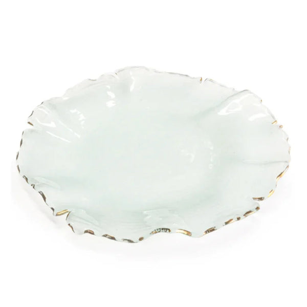 Frosted glass scalloped platter with gold edge on white background.