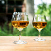 Two balloon glasses filled with amber liquid on wooden table. 