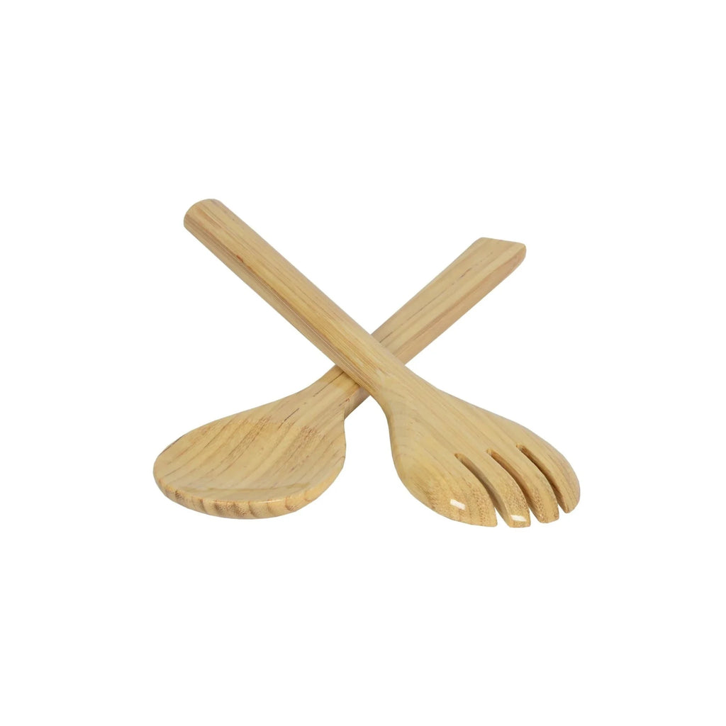 Bamboo salad servers in natural bamboo on a white background.