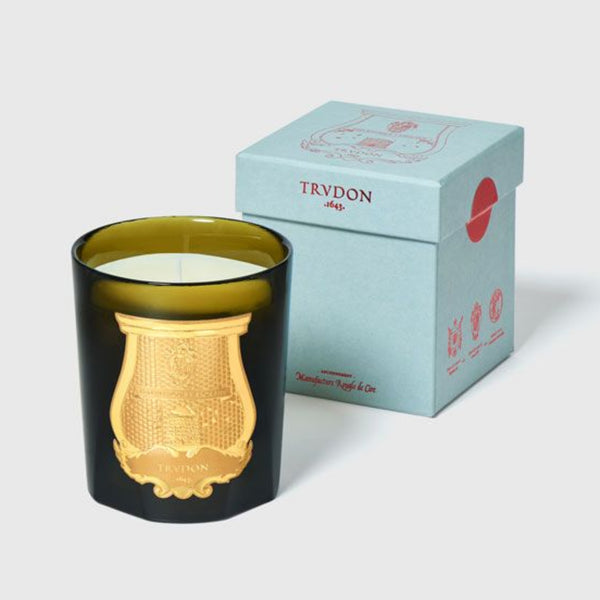 Green glass holding Trudon candle in front of a blue trudon box on white background.