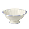 White ceramic bowl with blue rim on a white background