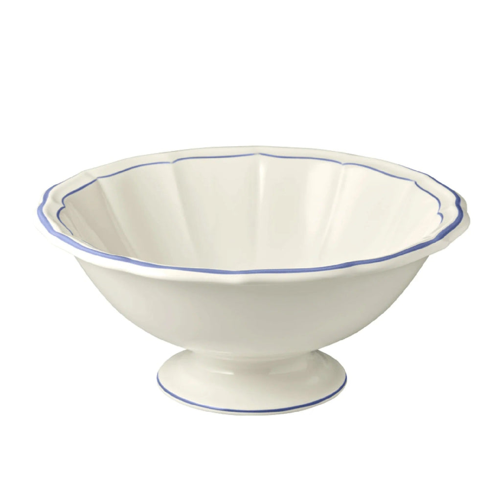 White ceramic bowl with blue rim on a white background