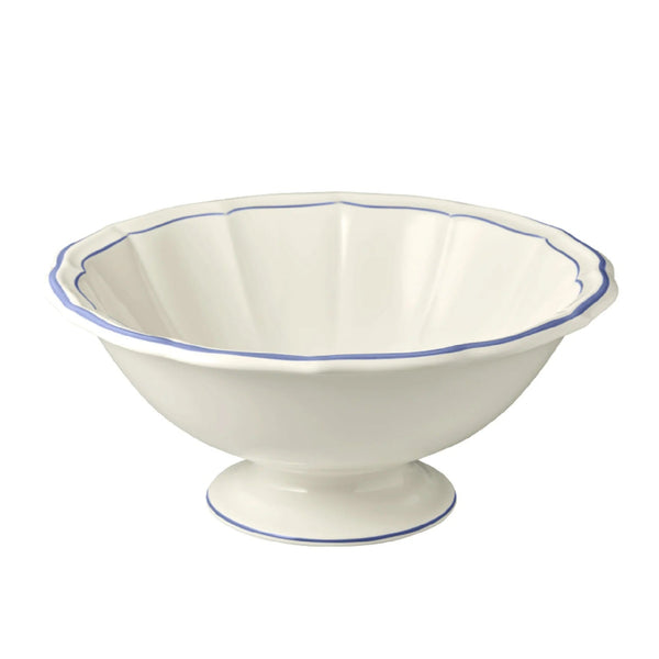 White ceramic bowl with blue rim on a white background