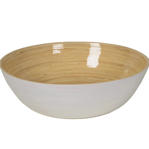 Bamboo bowl with white and shiny finish on white background.