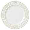 La Panier dinner plate with white weave border on white background. 